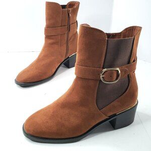 🛍️Liz Claiborne Western Ankle Boot Sz 9 Wide Fit Brown Buckle Low Heel Moto